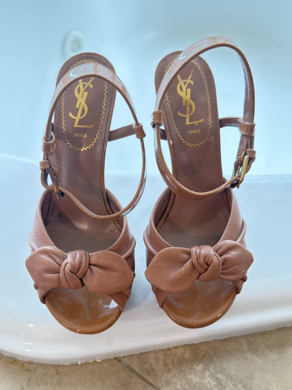 Saint Laurent Tan Knotted Leather Slingback Heels - Picture 1 of 10
